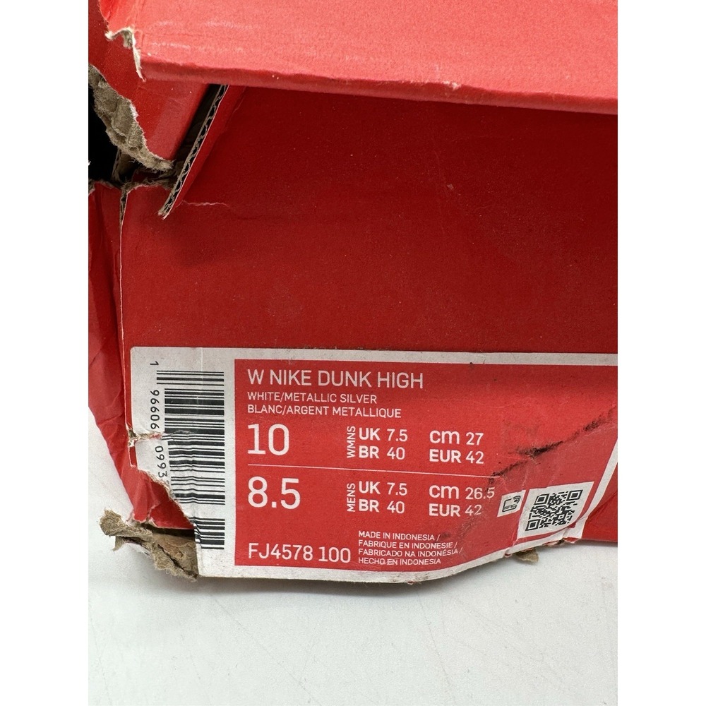 DMG Box Nike Dunk High 'Silver Glitter Swoosh' White Sneakers, Wmn 10 FJ4578-100 - Picture 2 of 12